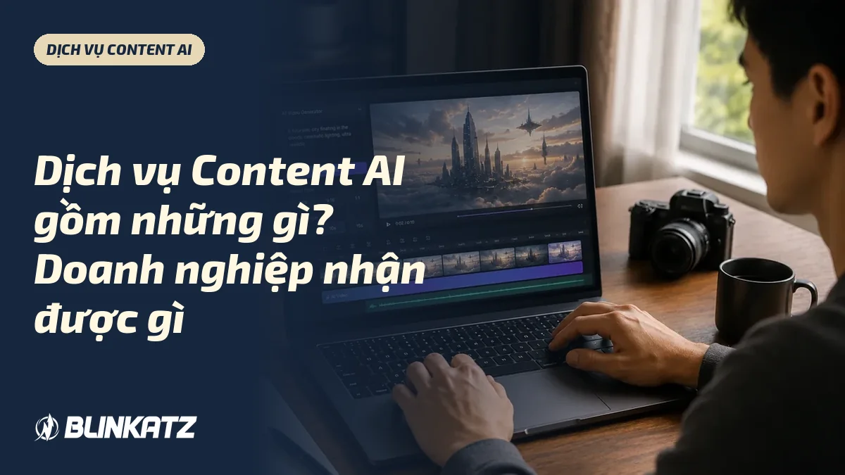 Dịch vụ Content AI: người dựng video AI làm việc trên laptop với phần mềm biên tập