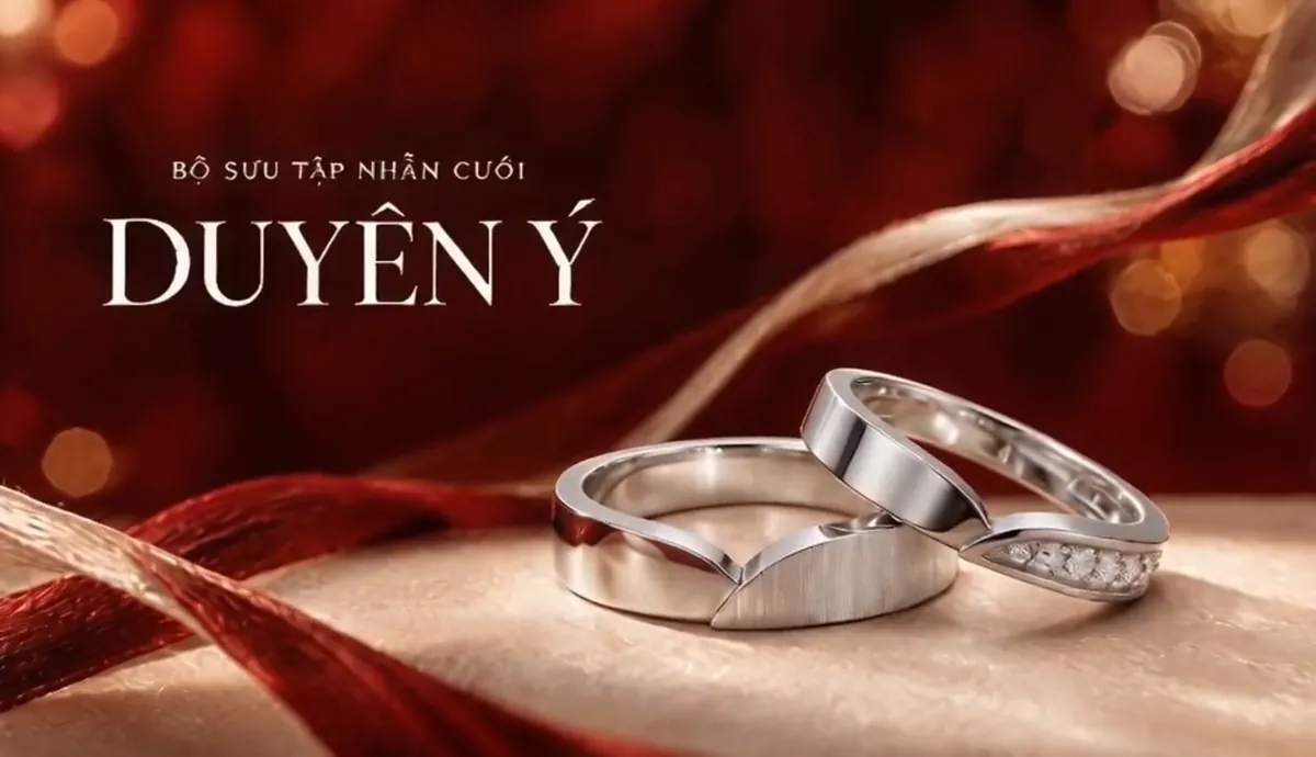 Nhẫn cưới Duyên Ý trên nền lụa đỏ, cảnh tạo bằng AI trong video Blinkatz làm cho Vĩnh Cara