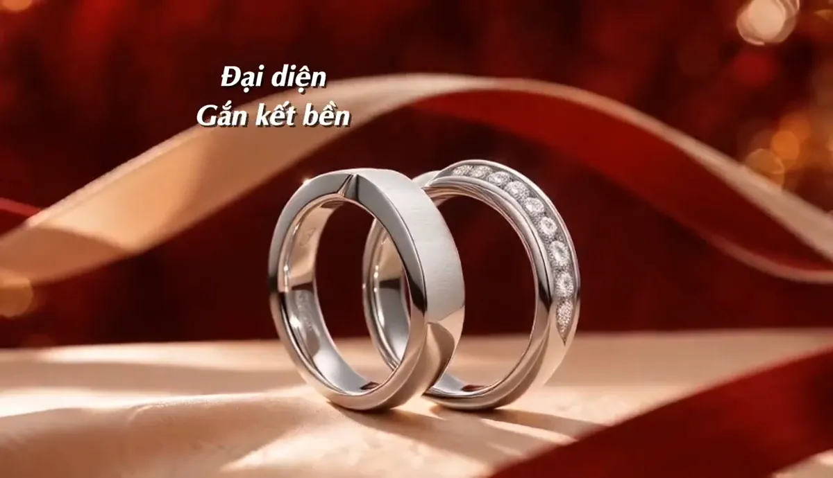 Nhẫn cưới Duyên Ý trên nền lụa với dòng chữ Đại diện gắn kết bền, video AI Vĩnh Cara