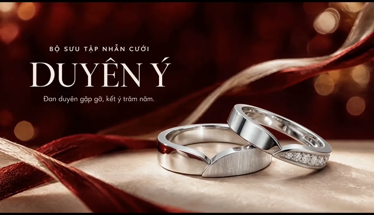 Cặp nhẫn cưới Duyên Ý trên nền lụa, sản phẩm hiển thị rõ từng chi tiết