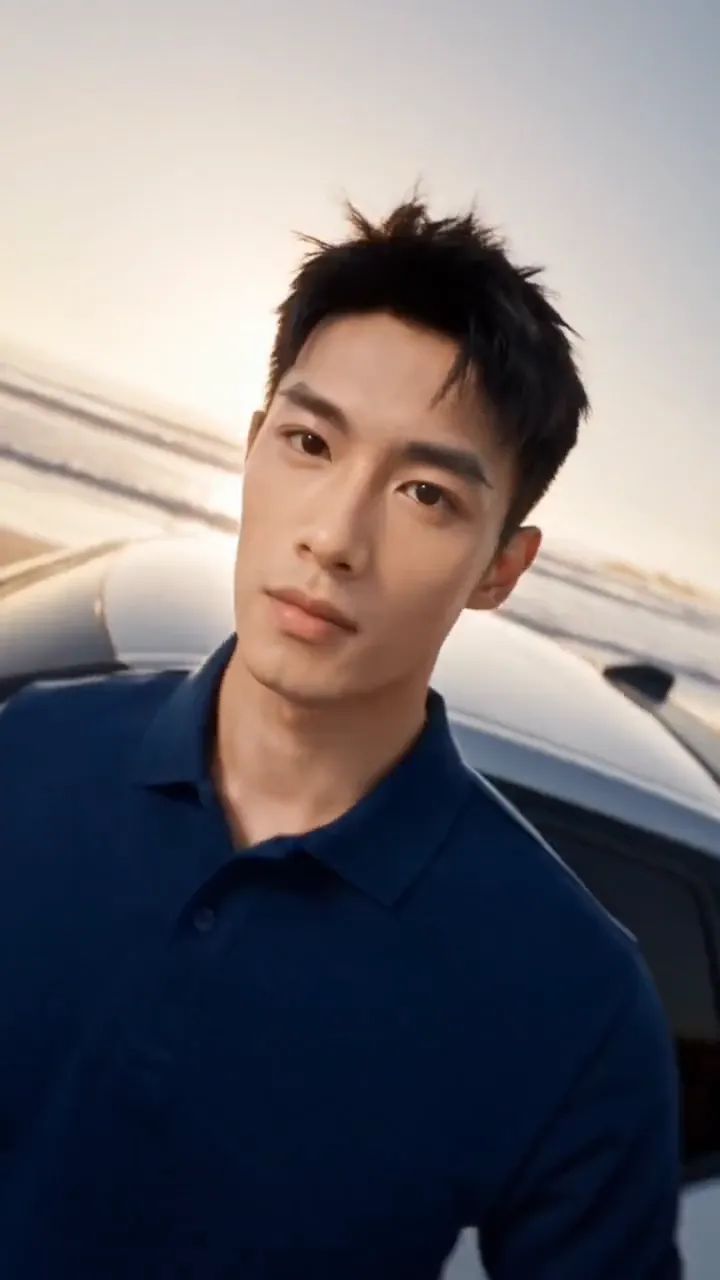 Người mẫu AI nam mặc áo polo xanh navy, nhân vật trong video VinFast WILD
