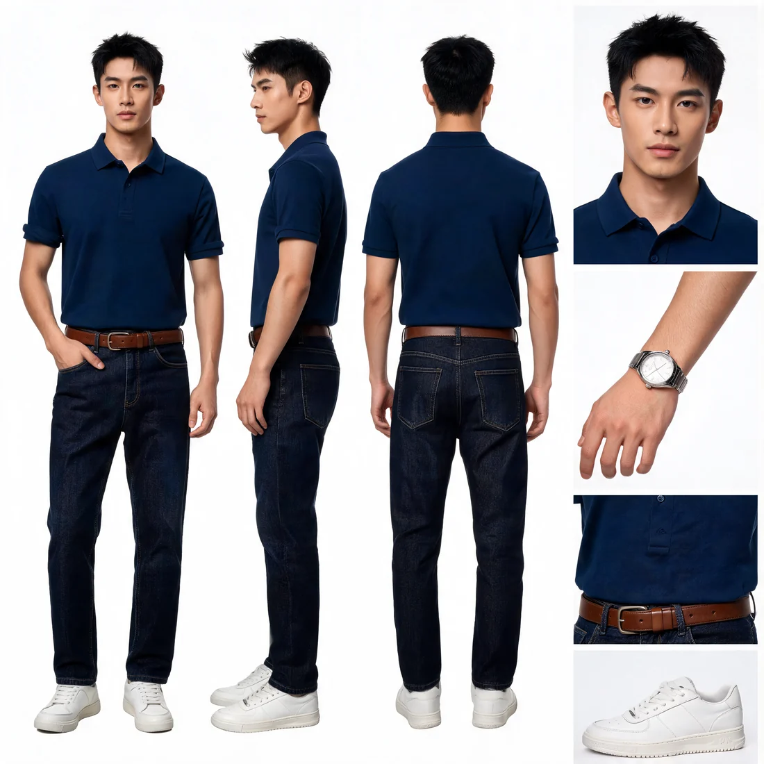 Người mẫu AI nam mặc áo polo xanh navy và quần jeans nhìn từ ba góc cùng ảnh cận gương mặt