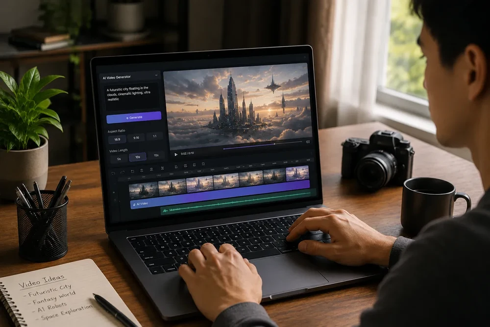 Người dựng video AI làm việc trên laptop với phần mềm biên tập nhiều lớp