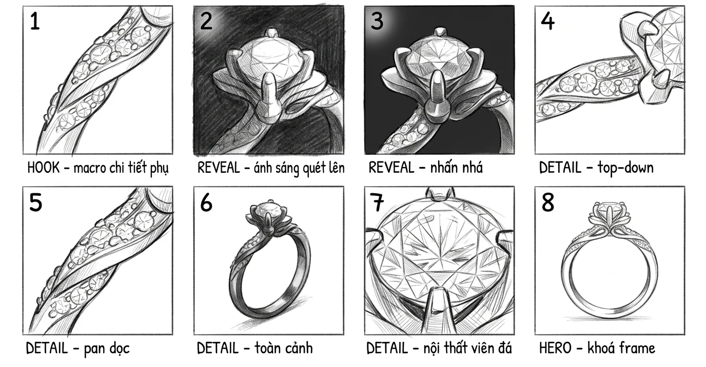 Bảng storyboard chia cảnh cho video sản phẩm, mỗi khung ghi rõ góc máy và chi tiết cần giữ